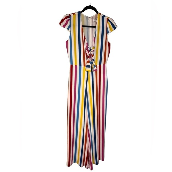 Color Me Courtney Women’s Striped Jumpsuit V Neck Contrast Multi Color - Picture 2 of 7
